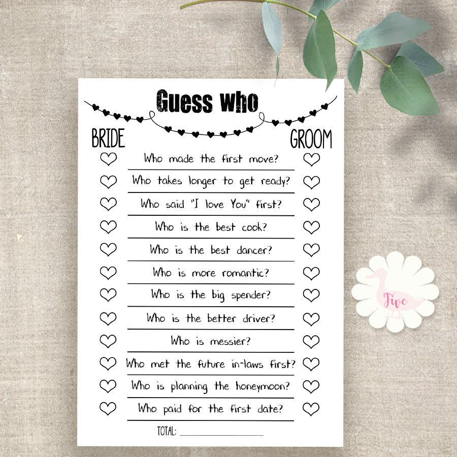 Guess Who game, Spanish and English, Bridal shower games, Printable PDF,  G350