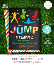 Load image into Gallery viewer, JUMP Birthday party Invitation, trampoline, bounce, printable, editable template, A700
