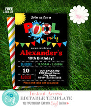 Load image into Gallery viewer, Pool party invite, printable summer birthday party invitation, editable template, A707