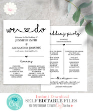 Load image into Gallery viewer, We Do Printable Wedding program, editable template, A502