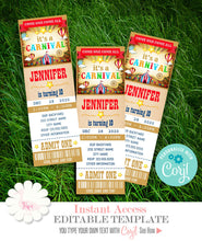 Load image into Gallery viewer, Carnival Birthday party ticket Invitation, printable editable template, A705