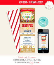 Load image into Gallery viewer, Carnival Birthday party ticket Invitation, printable editable template, A705