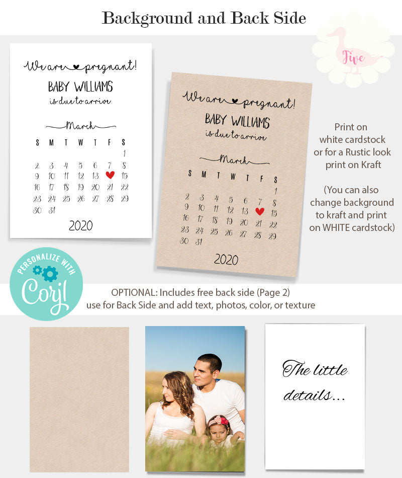 Pregnancy announcement with calendar, printable editable template, A31 ...