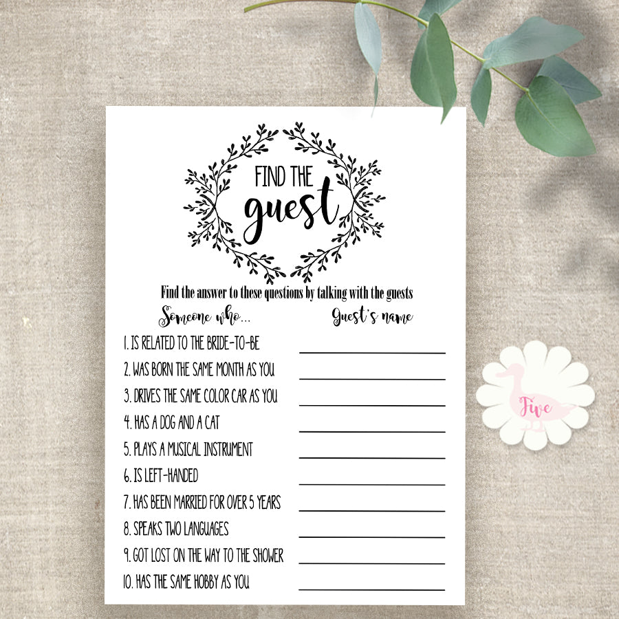 Bridal Shower Game, Find The Guest, printable digital file, instant  download, G106