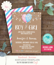 Load image into Gallery viewer, Gender Reveal Invitation, Blue or Pink balloons printable editable template, A311