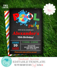 Load image into Gallery viewer, Pool Birthday party invite, printable summer party invitation, editable template, A703