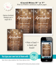 Load image into Gallery viewer, Rustic Graduation party invitation, printable editable template, A800