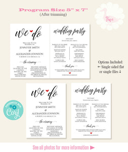 Printable Wedding program, editable template, A109