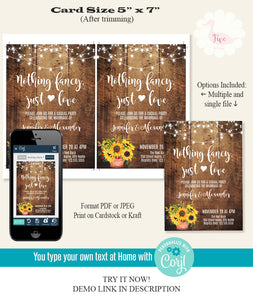 Elopement wedding invitation, printable self-editable template, A802