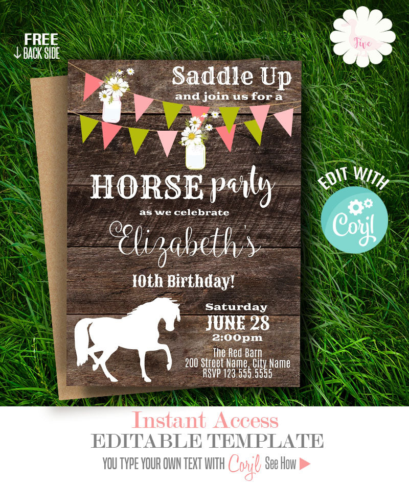 rustic-horse-birthday-party-invitation-printable-editable-template-a-my-five-ducklings for Free Printable Horse Birthday Party Invitations Rustic Horse Birthday party Invitation, printable editable template, A – My Five Ducklings for Free Printable Horse Birthday Party Invitations