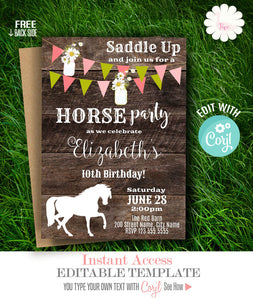 Rustic Horse Birthday party Invitation, printable editable template, A701