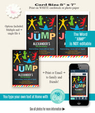 Load image into Gallery viewer, JUMP Birthday party Invitation, trampoline, bounce, printable, editable template, A700
