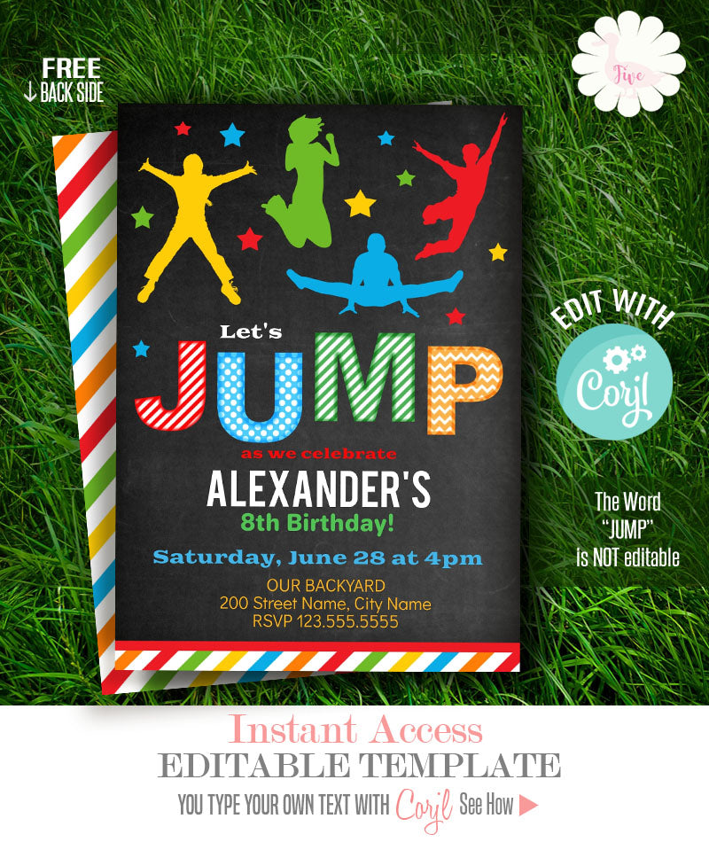 JUMP Birthday party Invitation, trampoline, bounce, printable, editable template, A700