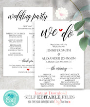 Load image into Gallery viewer, Printable Wedding program, editable template, A109
