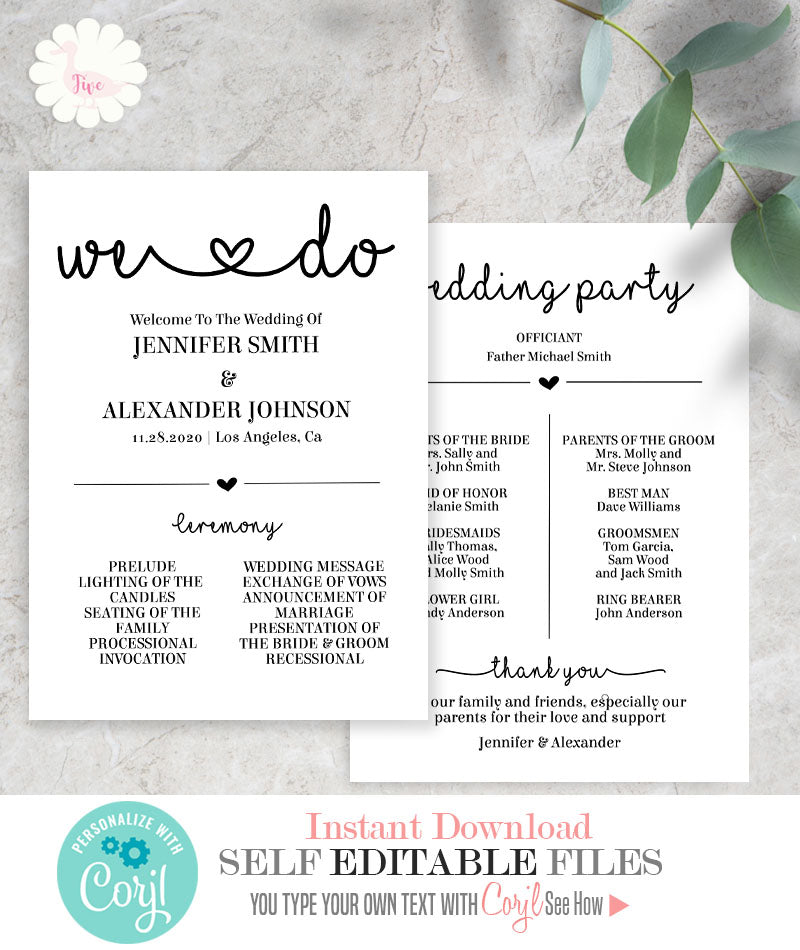 We Do Printable Wedding program, editable template, A502