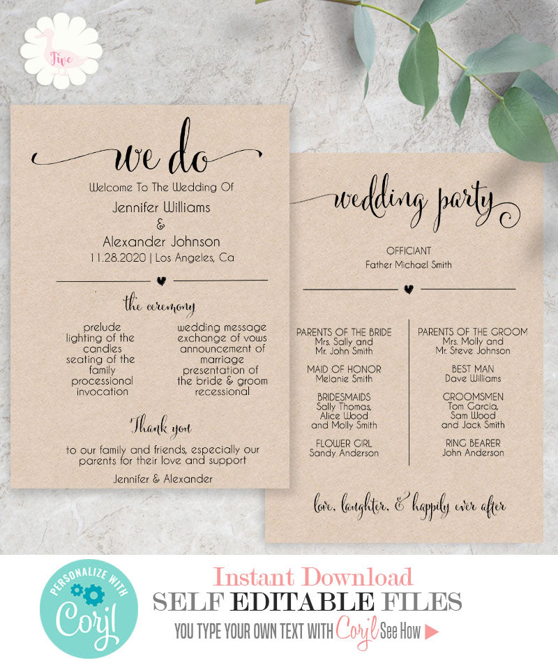 Printable Wedding program, editable template, A503