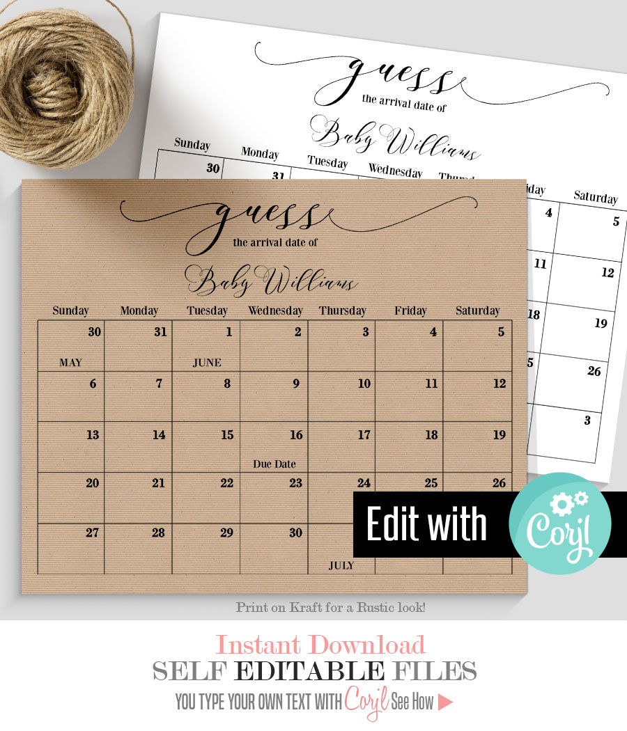 Guess Baby's Due Date Calendar Baby Shower Game, Printable Editable Template, G117