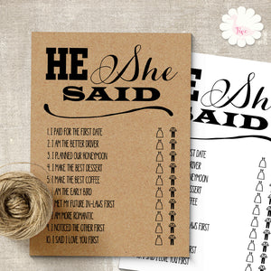 Bridal Shower Game, He Said She Said, printable digital file, instant download, G107