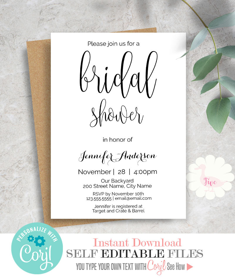 Bridal Shower Invitation, editable template, A108