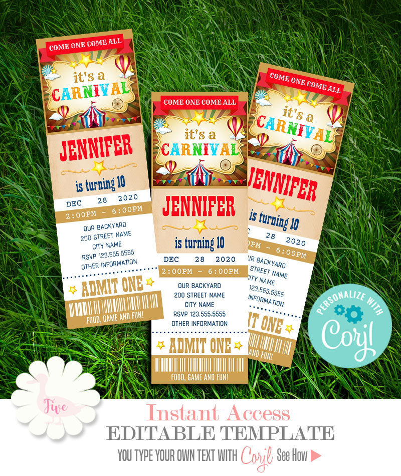 Carnival Birthday party ticket Invitation, printable editable template, A705