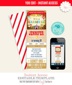 Carnival Birthday party ticket Invitation, printable editable template, A705