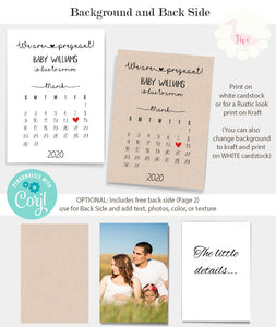 Pregnancy announcement with calendar, printable editable template, A317