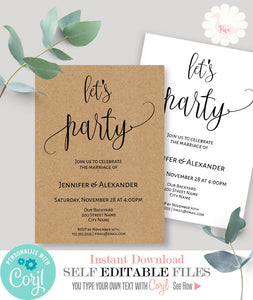 Let's Party invitation, Post-wedding celebration, printable invite, editable template, A521