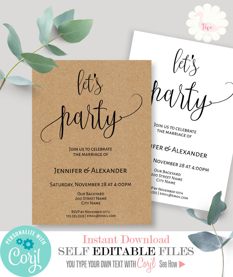 Let's Party invitation, Post-wedding celebration, printable invite, editable template, A521