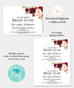 Floral Bridal shower invitation, printable self-editable template, A513