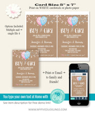 Load image into Gallery viewer, Gender Reveal Invitation, Blue or Pink balloons printable editable template, A311
