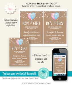 Gender Reveal Invitation, Blue or Pink balloons printable editable template, A311