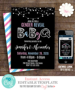 Gender Reveal BaByQ, printable invitation, editable template, print or email, A712