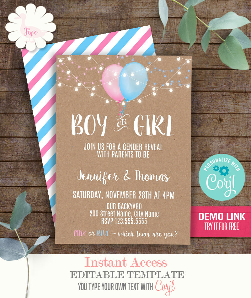 Gender Reveal Invitation, Blue or Pink balloons printable editable template, A311