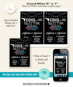 Guns or Glitter Gender Reveal, printable invitation, editable template, A710