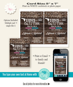 Guns or Glitter Gender Reveal Invitation, printable editable template, A709