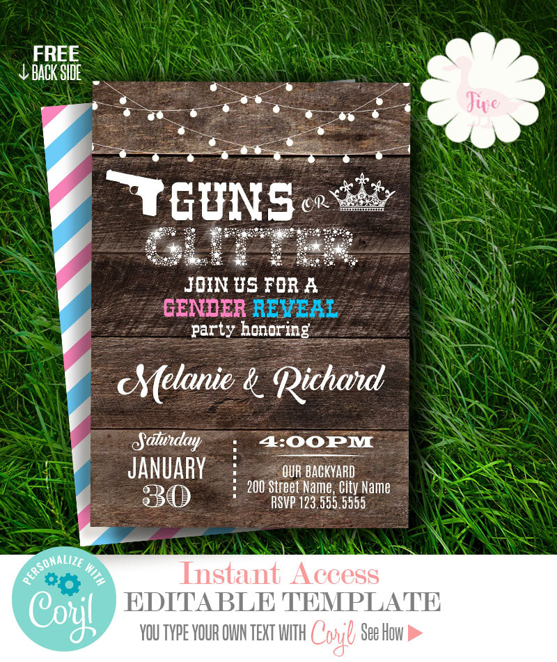 Guns or Glitter Gender Reveal Invitation, printable editable template, A709