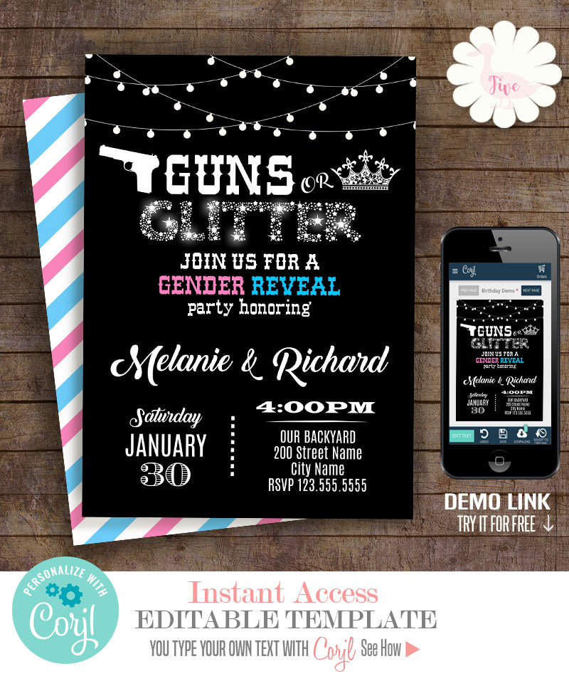 Guns or Glitter Gender Reveal, printable invitation, editable template – My Five Ducklings for Free Printable Gender Reveal Invitations
