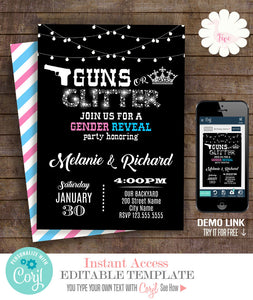 Guns or Glitter Gender Reveal, printable invitation, editable template, A710