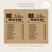 Load image into Gallery viewer, Bridal Shower Game, He Said She Said, printable digital file, instant download, G107
