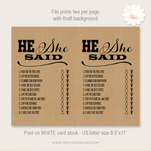 Bridal Shower Game, He Said She Said, printable digital file, instant download, G107