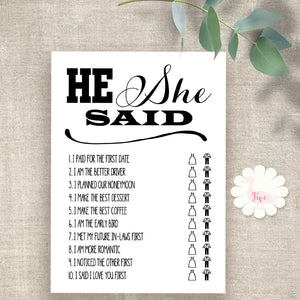 Bridal Shower Game, He Said She Said, printable digital file, instant download, G107