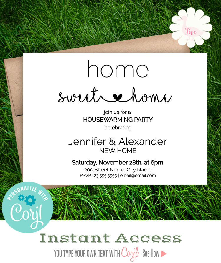 Housewarming party invitation, home sweet home, printable editable template, A610