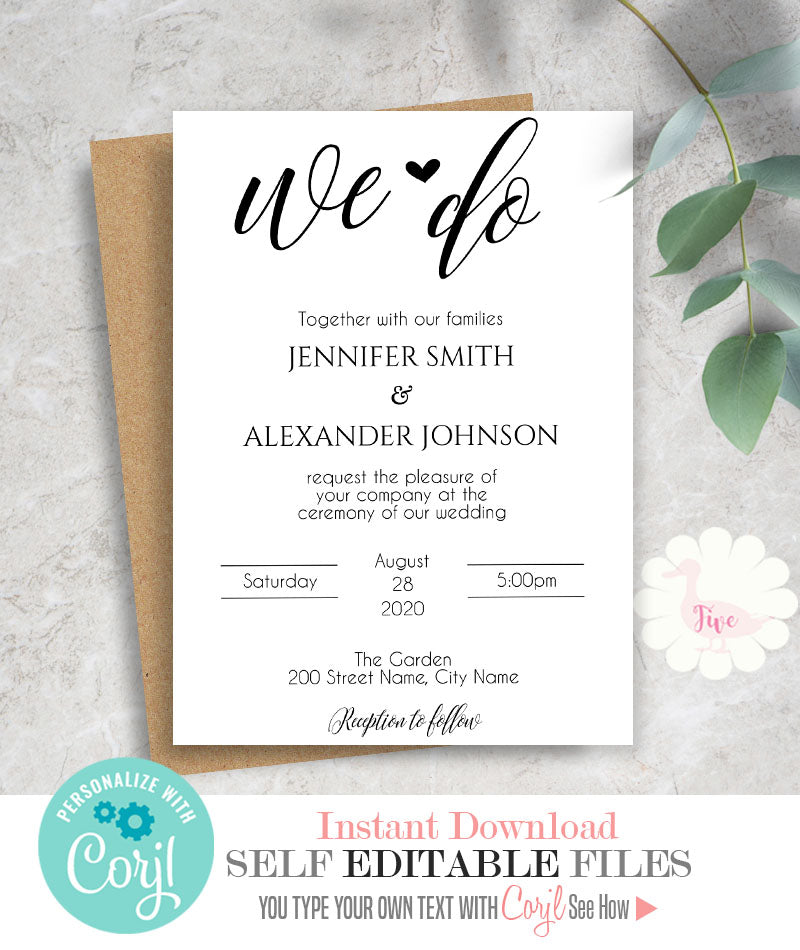 We Do Wedding Invitation, printable editable template, A112