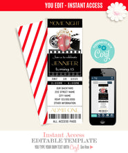 Load image into Gallery viewer, Movie Night ticket, printable birthday party invitation, editable template, A706
