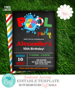 Pool Birthday party invite, printable summer party invitation, editable template, A703