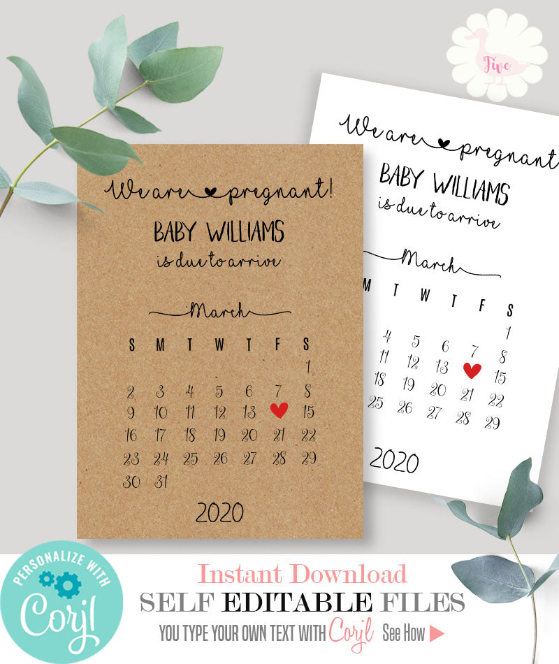 Pregnancy announcement with calendar, printable editable template, A317