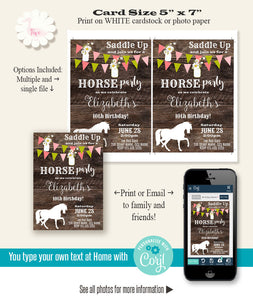 Rustic Horse Birthday party Invitation, printable editable template, A701