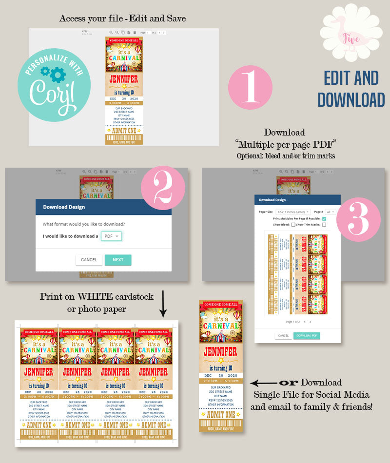 Editable Carnival Ticket Invitation Instant Download