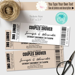 Couples Shower ticket, printable invitation, editable template, A111