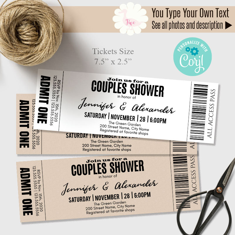 Couples Shower ticket, printable invitation, editable template, A111